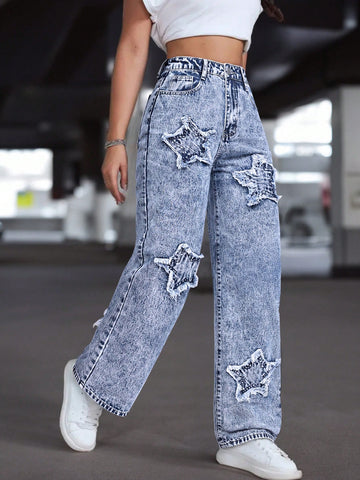 Women Casual Star Embroidered Denim Jeans