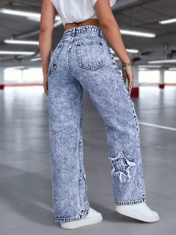 Women Casual Star Embroidered Denim Jeans