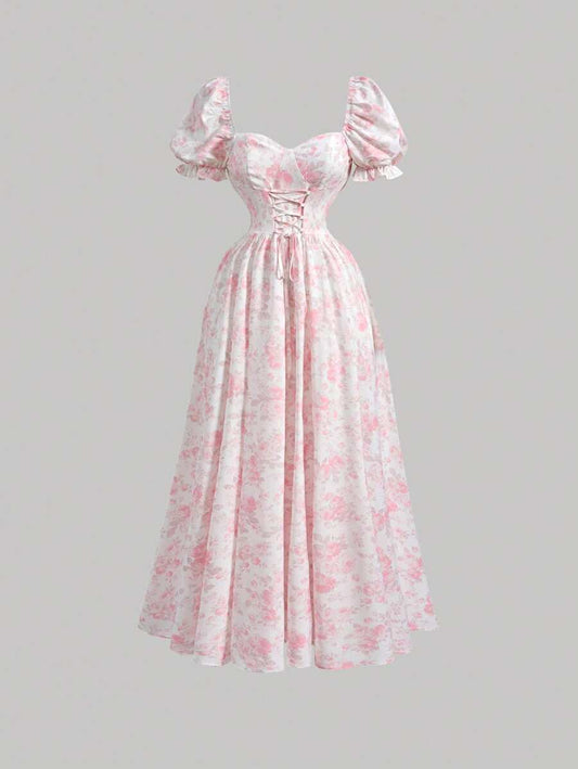 Women's Elegant Floral Print Puff Sleeve Midi Dress