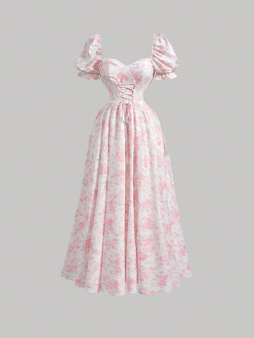 Women's Elegant Floral Print Puff Sleeve Midi Dress