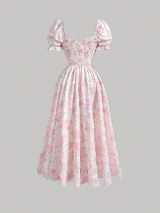 Women's Elegant Floral Print Puff Sleeve Midi Dress