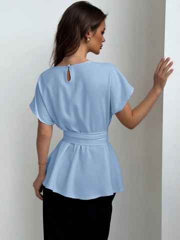 Aloruh Round Neck Waist-Tied X-Shaped Simple Commuter Women Shirt