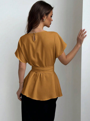 Aloruh Round Neck Waist-Tied X-Shaped Simple Commuter Women Shirt