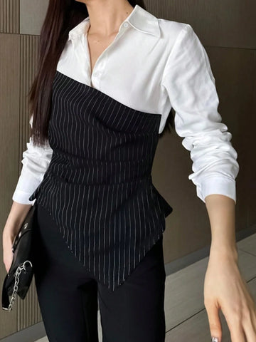 Privé Women's Solid Color Patchwork Long Sleeve Casual Shirt