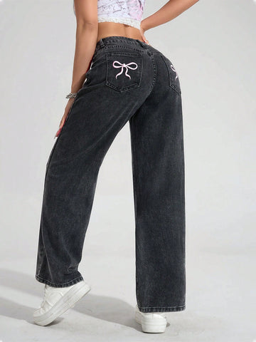 Women's Bow Embroidered Pocket Wide Leg Loose Casual Jeans