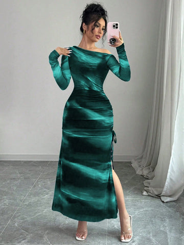 Elegant Tie Dye Gradient Ruched Mesh Leopard Print Asymmetrical Neck High Slit Dress