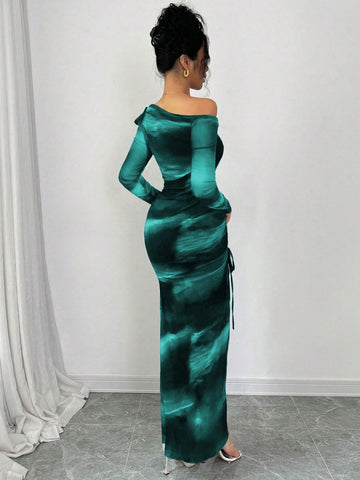 Elegant Tie Dye Gradient Ruched Mesh Leopard Print Asymmetrical Neck High Slit Dress