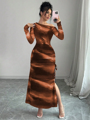 Elegant Tie Dye Gradient Ruched Mesh Leopard Print Asymmetrical Neck High Slit Dress