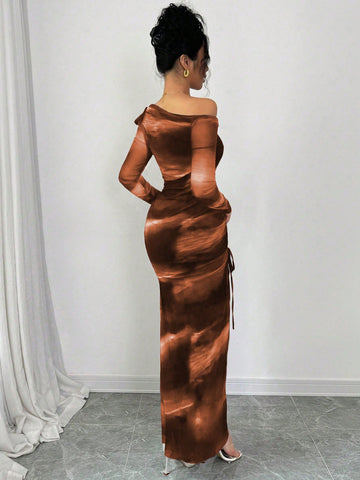 Elegant Tie Dye Gradient Ruched Mesh Leopard Print Asymmetrical Neck High Slit Dress