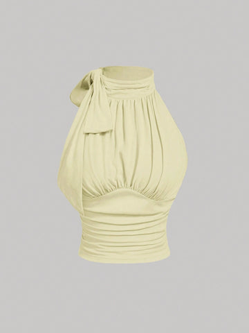 MOD Stand Collar Bowknot Gather Green Tank Top