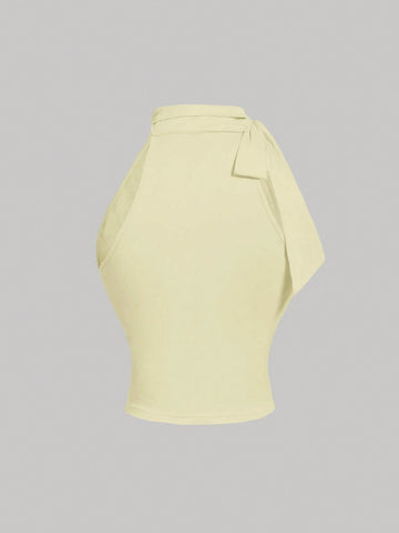 MOD Stand Collar Bowknot Gather Green Tank Top