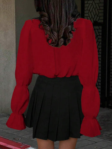 Women's Solid Color Front Button Up Long Sleeve Casual Blouse Women Shirt