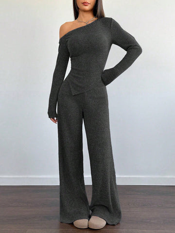 Women Winter Casual Fuzzy Asymmetrical Off-Shoulder Top With Loose Wide-Leg Pants