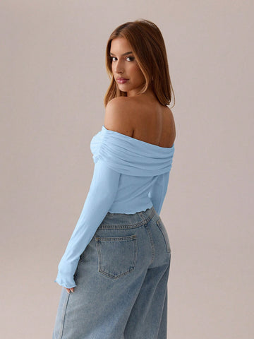 SXY Asymmetric Pleated Solid  Long Sleeve T-Shirt