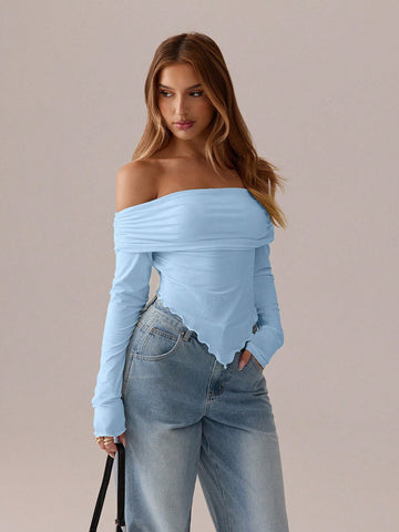 SXY Asymmetric Pleated Solid  Long Sleeve T-Shirt