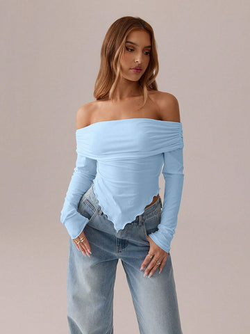 SXY Asymmetric Pleated Solid  Long Sleeve T-Shirt