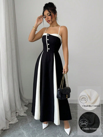 Women's Contrast Color Waist A-Line Button Decor Elegant Slip Dress