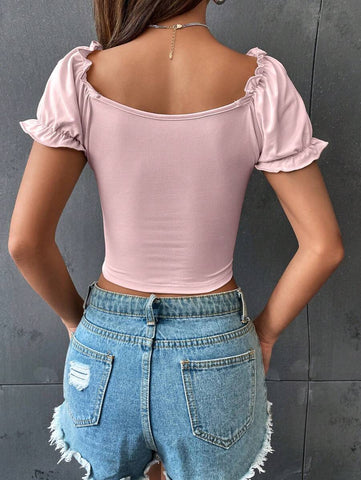 Rafferiza Sweetheart Neck Ruched Frill Trim Puff Sleeve Crop Tee