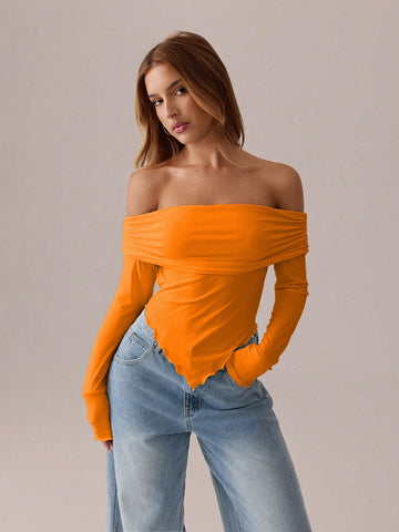 SXY Asymmetric Pleated Solid  Long Sleeve T-Shirt