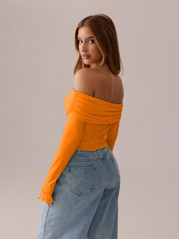 SXY Asymmetric Pleated Solid  Long Sleeve T-Shirt