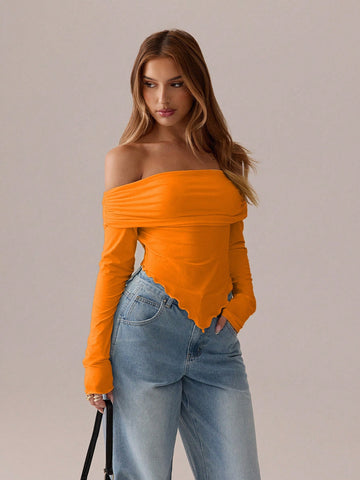 SXY Asymmetric Pleated Solid  Long Sleeve T-Shirt