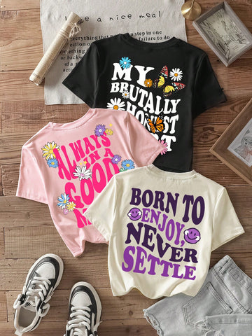 3pcs California Letter Graphic Round Neck Short Sleeve Cropped T-Shirt