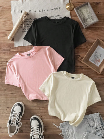 3pcs California Letter Graphic Round Neck Short Sleeve Cropped T-Shirt