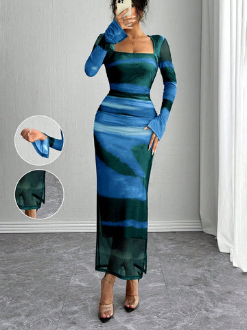 Rafferiza Long Sleeve, Split Cuff, Drawcord Waist, U-Neck, Mesh Abstract Print Fitted Dress