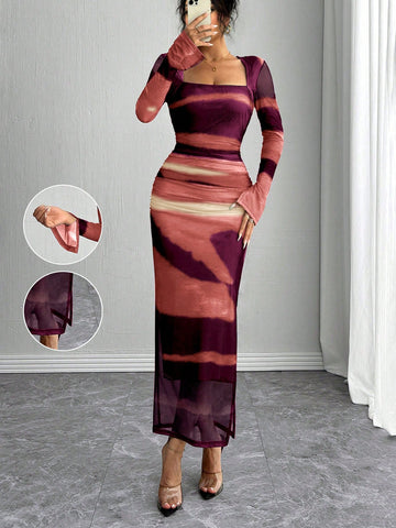 Rafferiza Long Sleeve, Split Cuff, Drawcord Waist, U-Neck, Mesh Abstract Print Fitted Dress