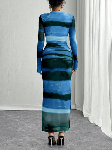 Rafferiza Long Sleeve, Split Cuff, Drawcord Waist, U-Neck, Mesh Abstract Print Fitted Dress