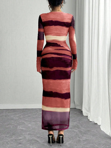Rafferiza Long Sleeve, Split Cuff, Drawcord Waist, U-Neck, Mesh Abstract Print Fitted Dress