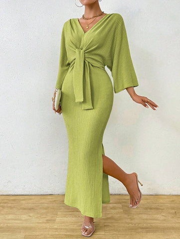 Clasi 1pc Women Plain Color Long Sleeve Front Tie Slit Simple Casual Dress