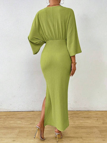Clasi 1pc Women Plain Color Long Sleeve Front Tie Slit Simple Casual Dress