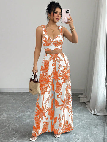 Bohemian Style Print Bib Strap Crop Top With Tie Waist Straight Leg Pants