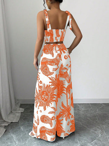 Bohemian Style Print Bib Strap Crop Top With Tie Waist Straight Leg Pants