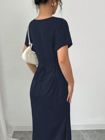 Rafferiza Elegant Romantic Plunging Neck Backless Tie-Up Waist Fishtail Dress