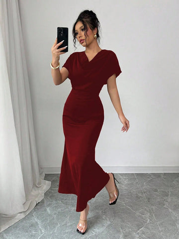 Rafferiza Elegant Romantic Plunging Neck Backless Tie-Up Waist Fishtail Dress