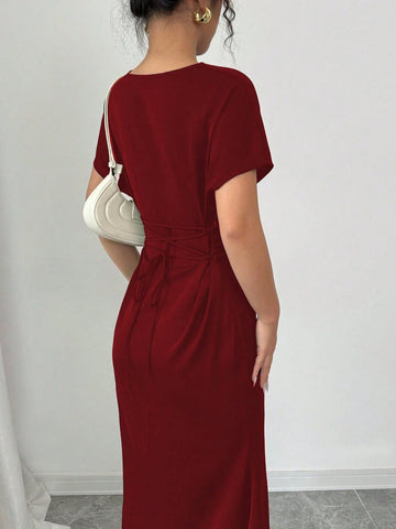 Rafferiza Elegant Romantic Plunging Neck Backless Tie-Up Waist Fishtail Dress