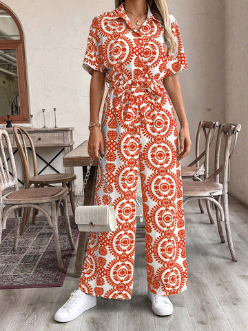 LUNE Women's Holiday Leisure Full Allover Print Wide-Leg Jumpsuit