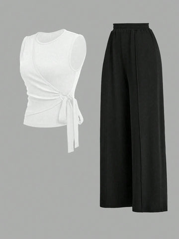 2pcs Set Women Solid Color Side Tie Tank Top And Wide Leg Pants