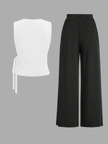 2pcs Set Women Solid Color Side Tie Tank Top And Wide Leg Pants