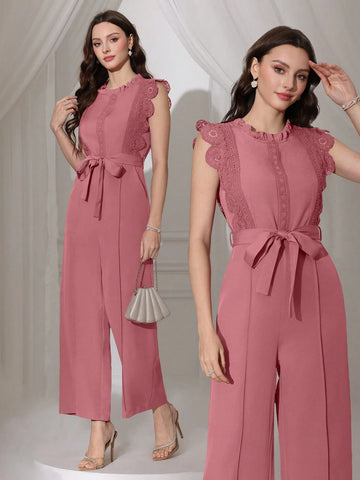 Modelyn Women Solid Color Lace Patchwork Sleeveless Sashes Straight Leg Jumpsuit