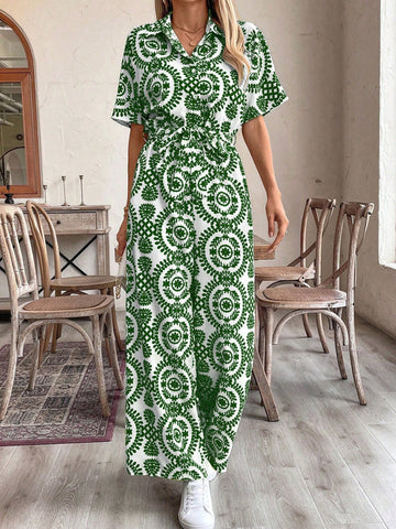 LUNE Women's Holiday Leisure Full Allover Print Wide-Leg Jumpsuit