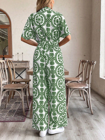 LUNE Women's Holiday Leisure Full Allover Print Wide-Leg Jumpsuit