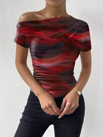 Rafferiza Tie-Dye Print Asymmetrical Ruched T-Shirt