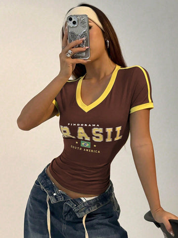 Women Casual Sports V-Neck Brazilian Color Blocking Short Sleeve T-Shirt