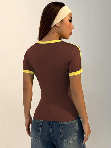 Women Casual Sports V-Neck Brazilian Color Blocking Short Sleeve T-Shirt