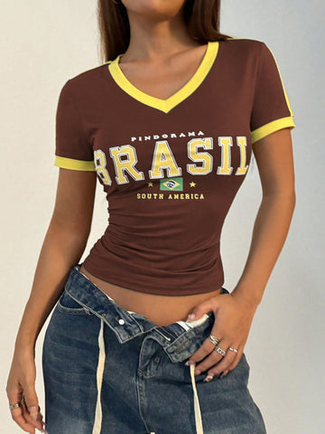 Women Casual Sports V-Neck Brazilian Color Blocking Short Sleeve T-Shirt