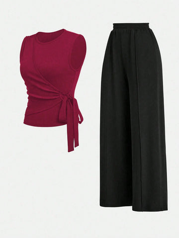 2pcs Set Women Solid Color Side Tie Tank Top And Wide Leg Pants