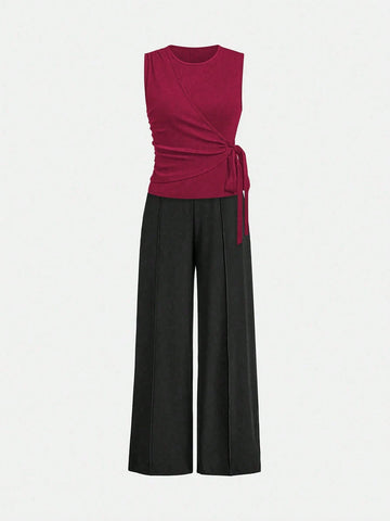 2pcs Set Women Solid Color Side Tie Tank Top And Wide Leg Pants